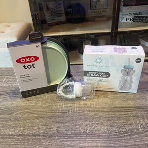 Baby Essentials Bundle OXO Tot Plate and Honey Bear Straw Cup Set NEW